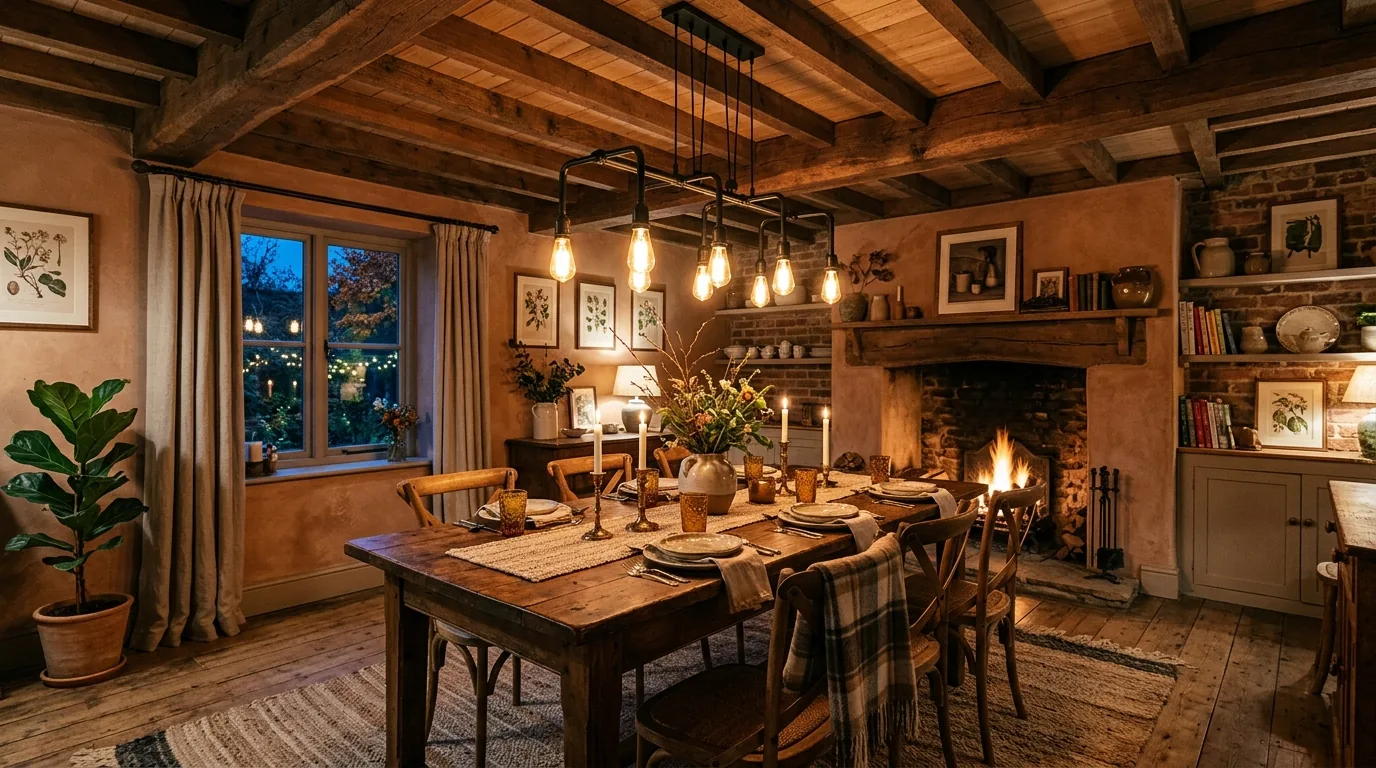 Woven rattan pendants in a breakfast nook