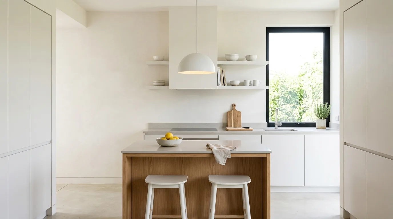 Linen shade pendants beside a bedroom reading nook