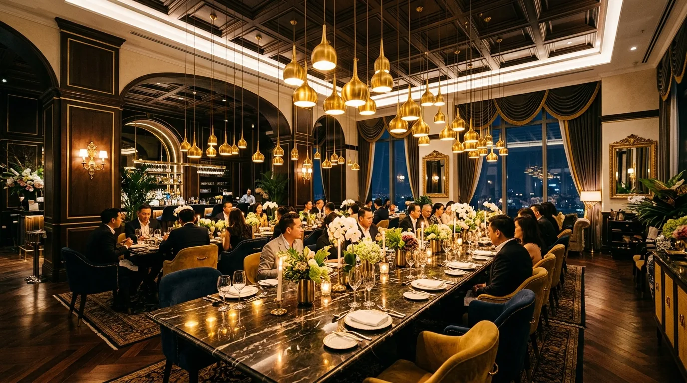 Hammered metal pendants over a rustic dining room table