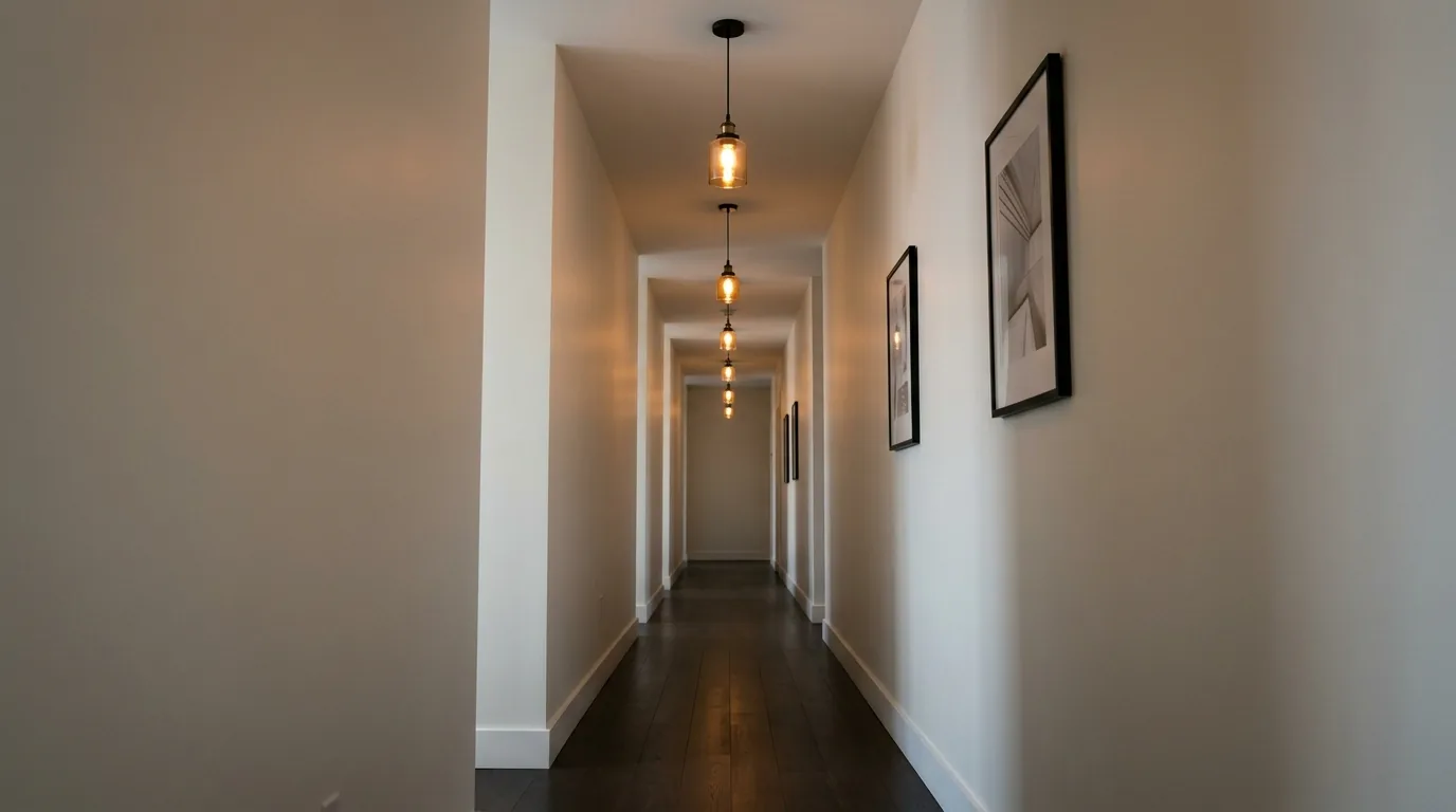 Linear pendants above a home office desk