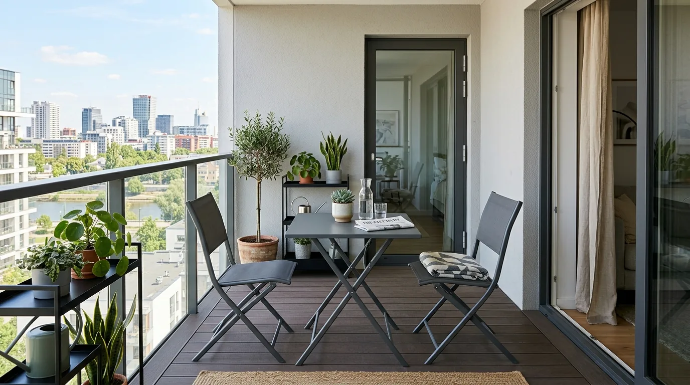Small balcony with striped outdoor rug