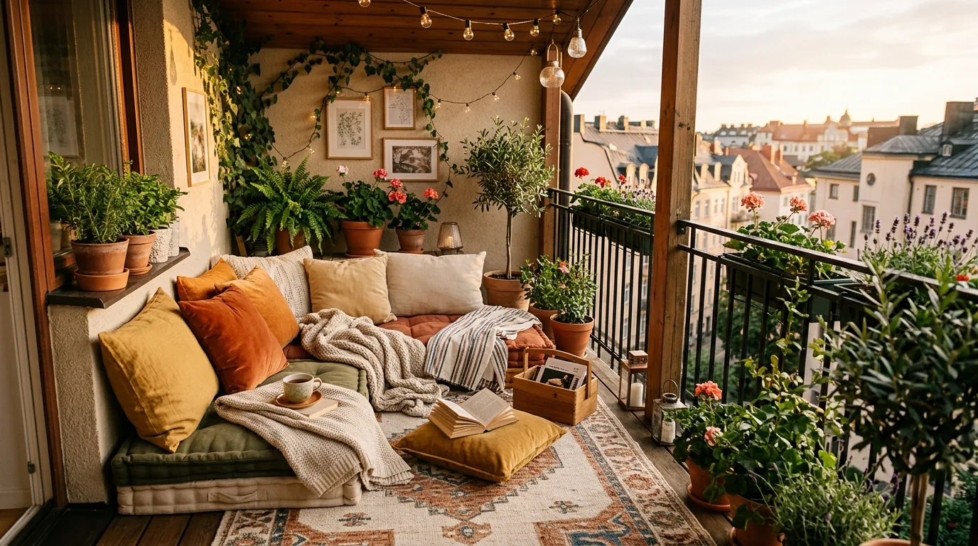 Urban balcony with storage bench topped by linen look cushions and one throw