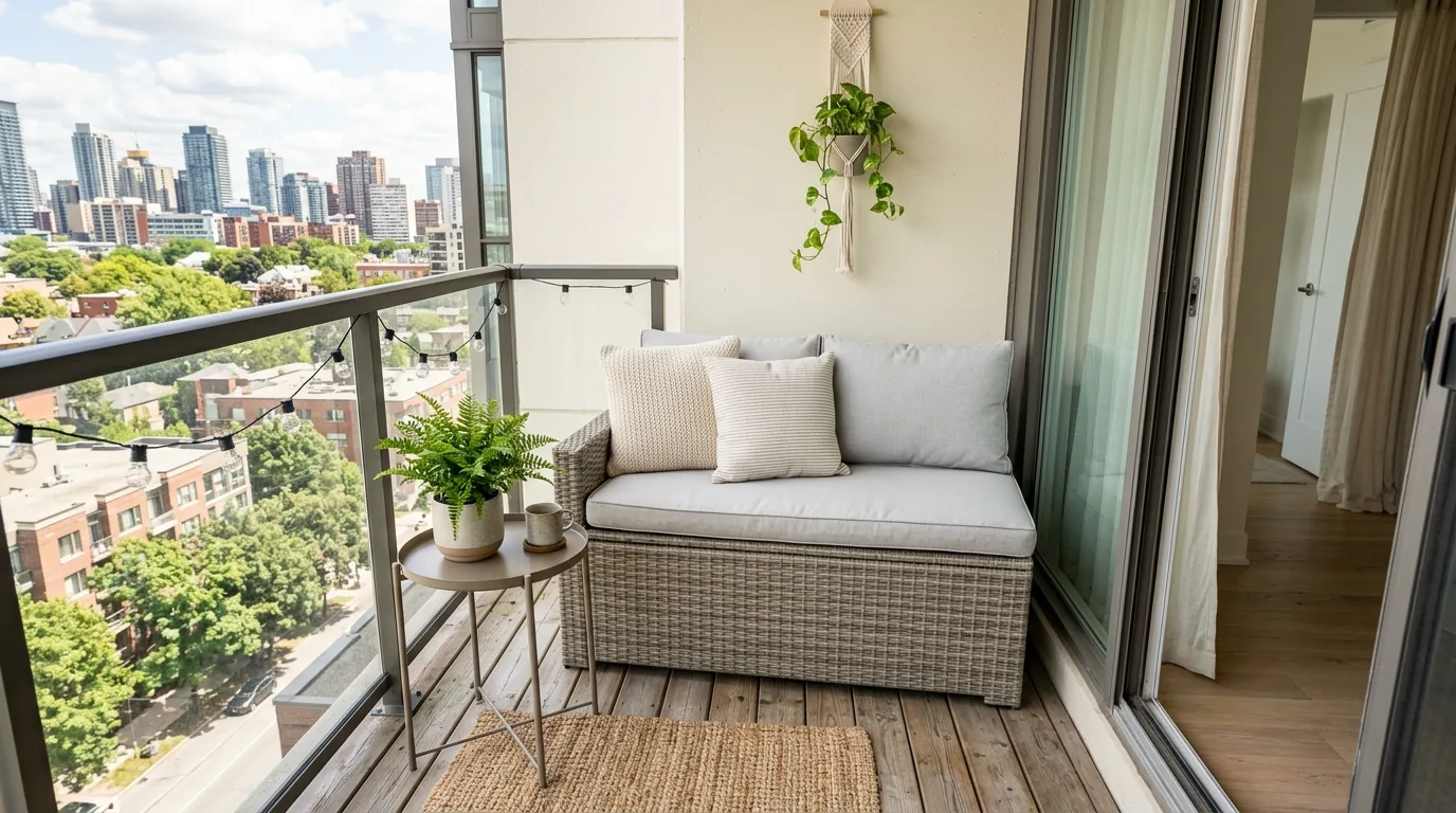 Balcony corner with slim black plant stand