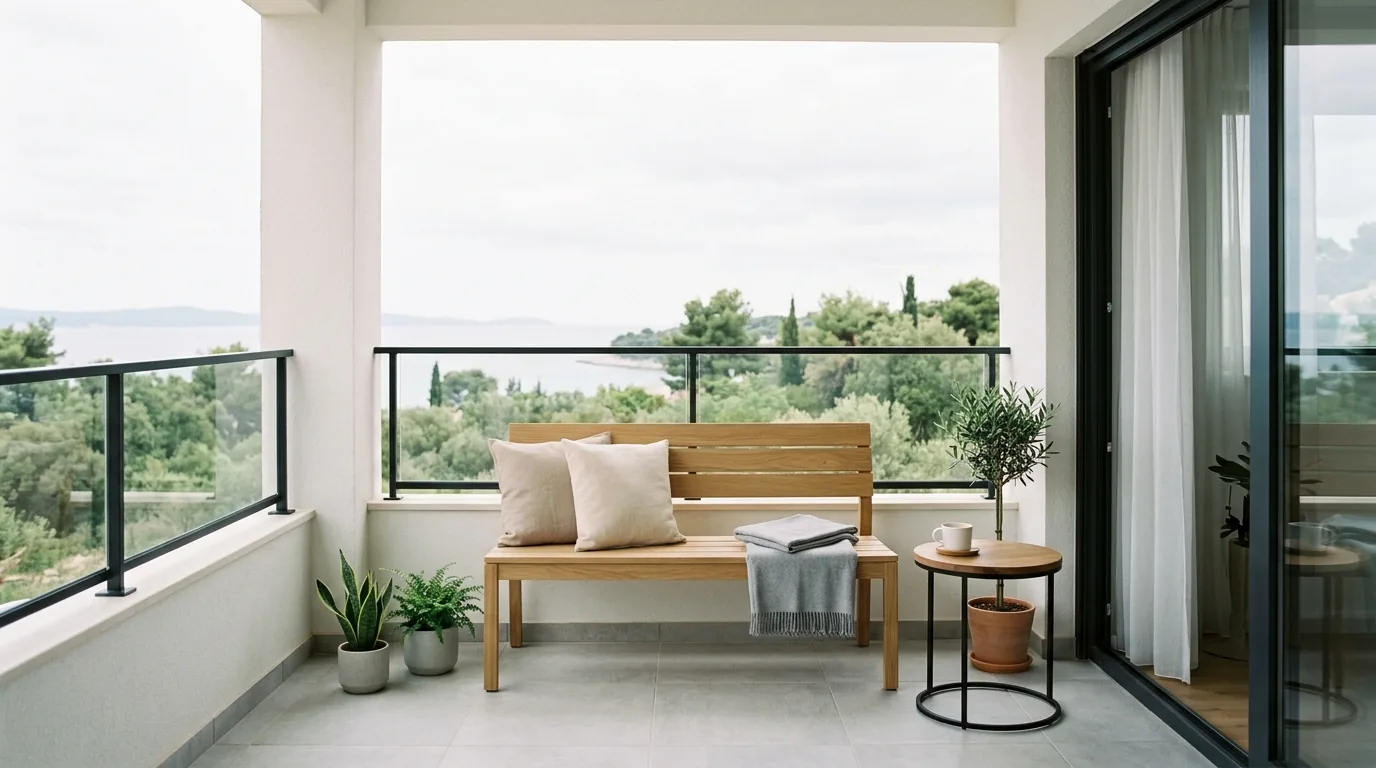 Compact balcony with outdoor curtain panel and clip lights