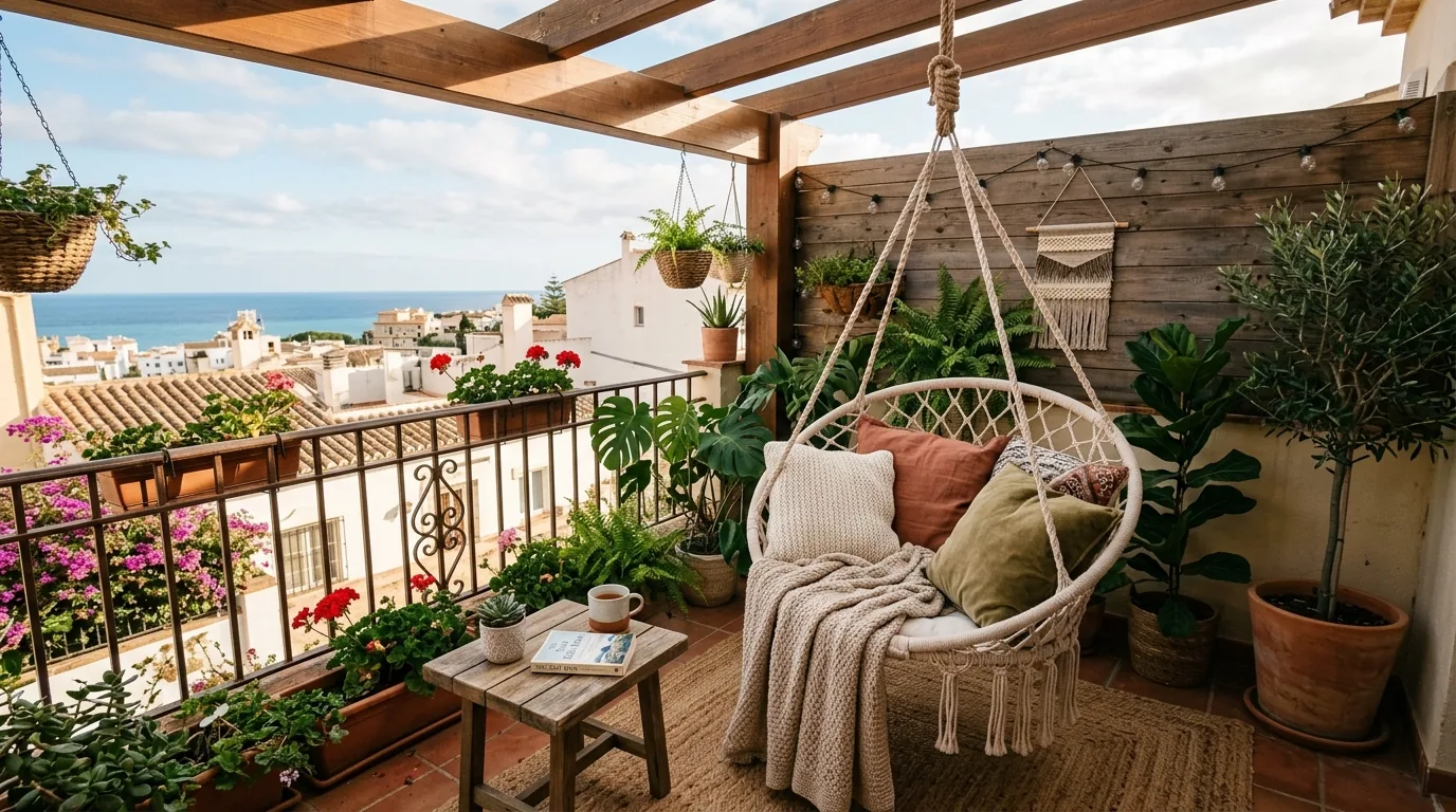 Modern apartment balcony with narrow drink table