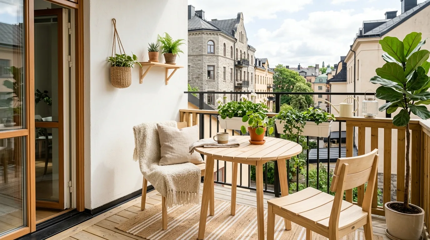 Small balcony with hanging lantern trio and woven basket for blankets