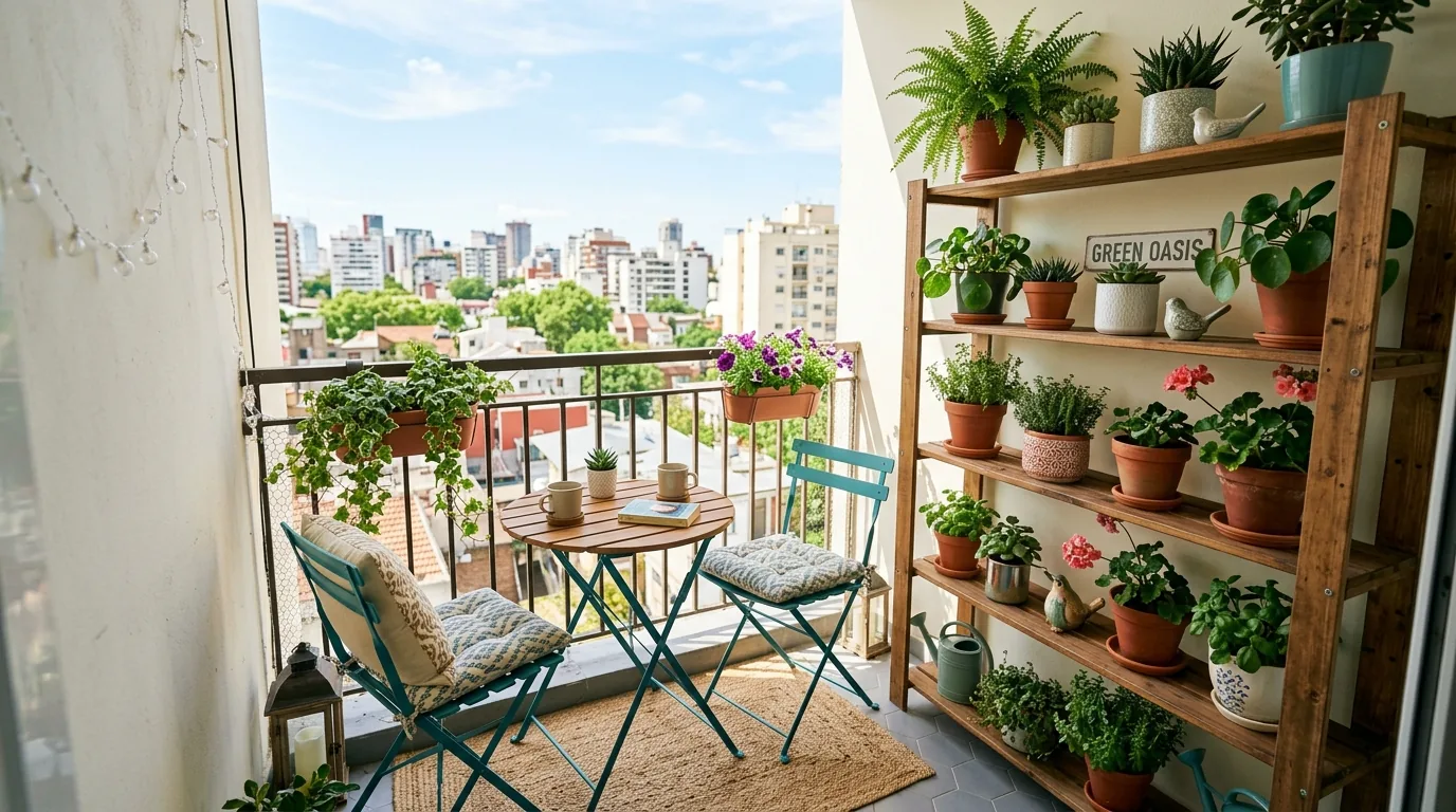 Scandinavian style balcony with pale outdoor rug