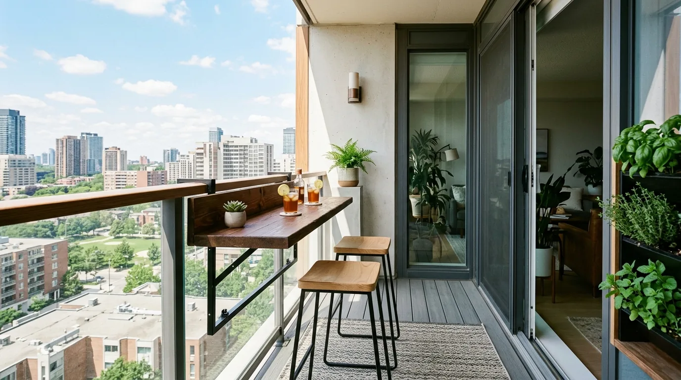 Balcony furnished with stackable stools and tray table