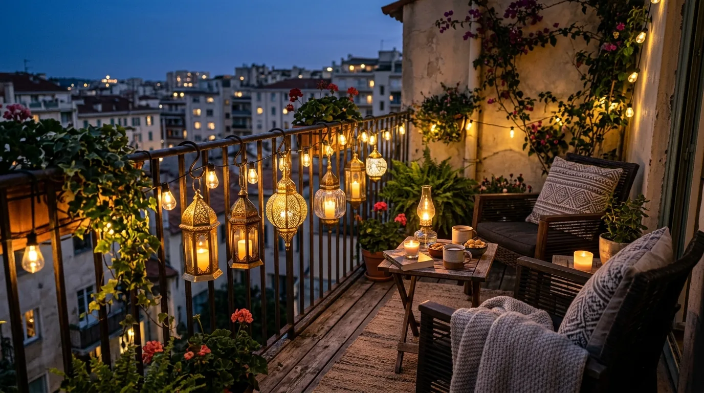Cozy balcony with shade umbrella