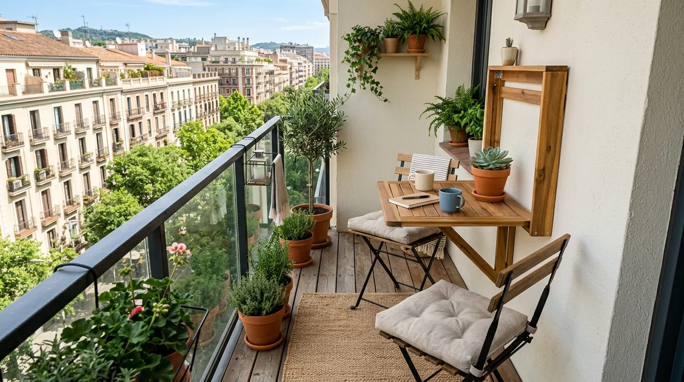 Apartment balcony with wall mounted shelf for candles and drinks