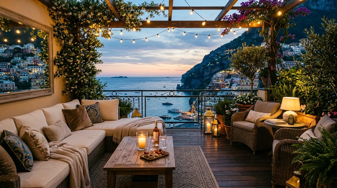 Luxury balcony with outdoor pouf