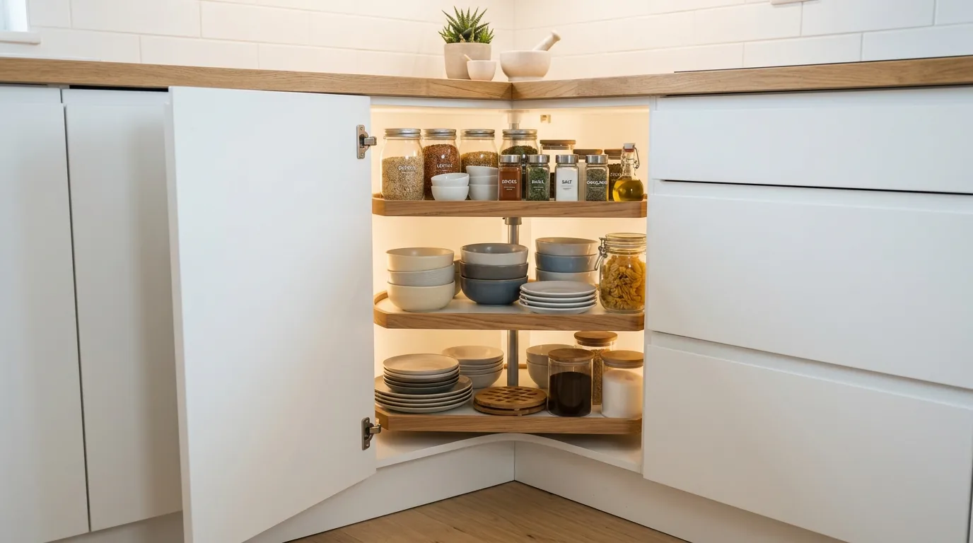 Blind corner cabinet with pullout chrome shelves for cookware and lids