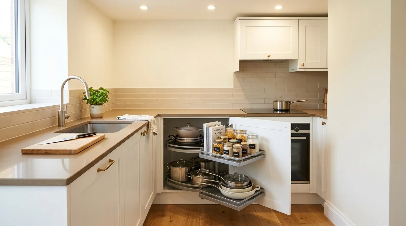 Modern kitchen with corner drawer system beneath countertop