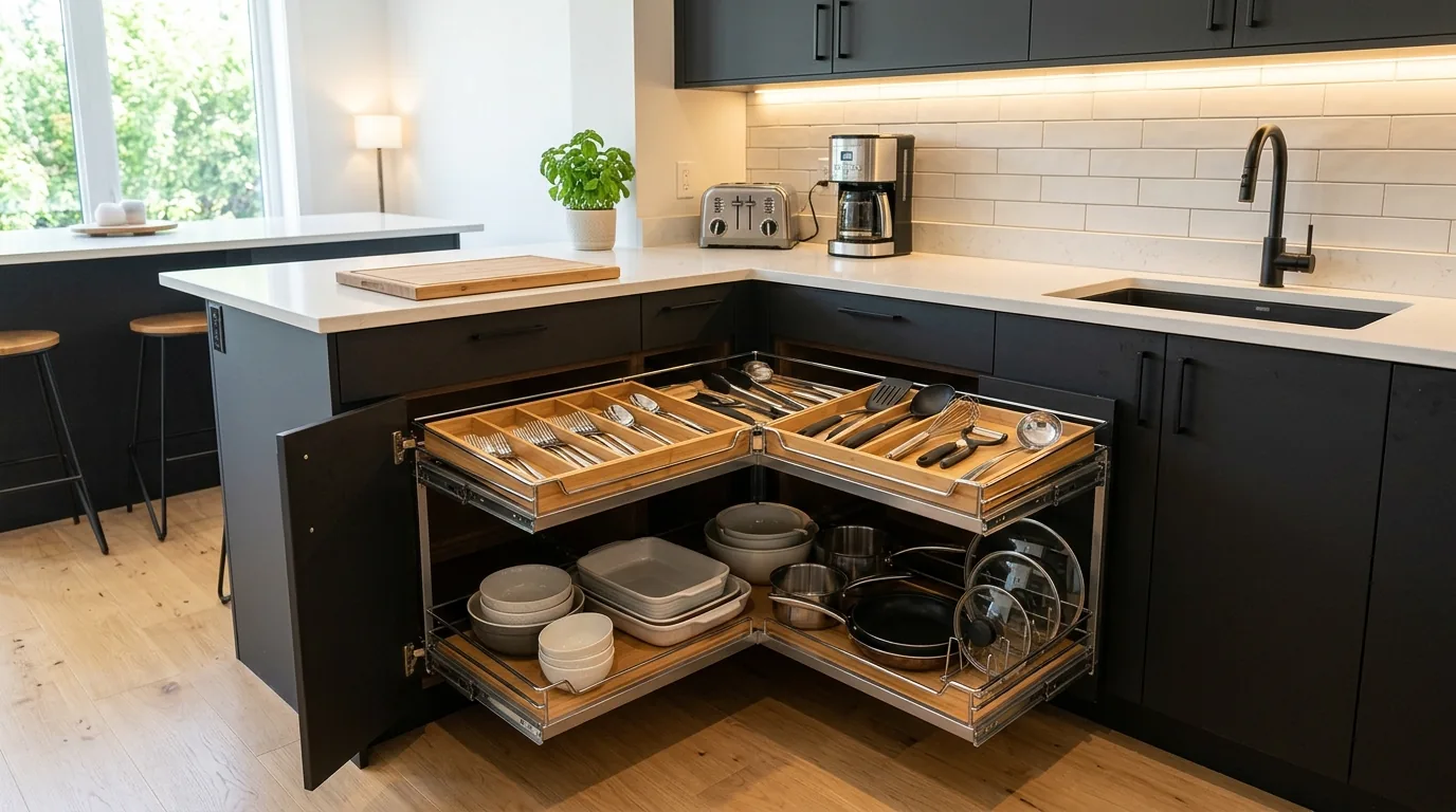 Small kitchen corner with stackable bins and labeled pantry items