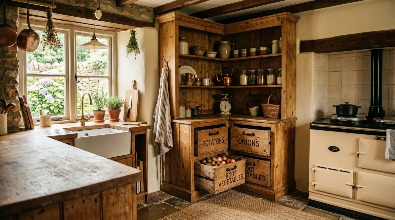 Scandinavian kitchen with pale cabinetry and neatly zoned corner shelf inserts