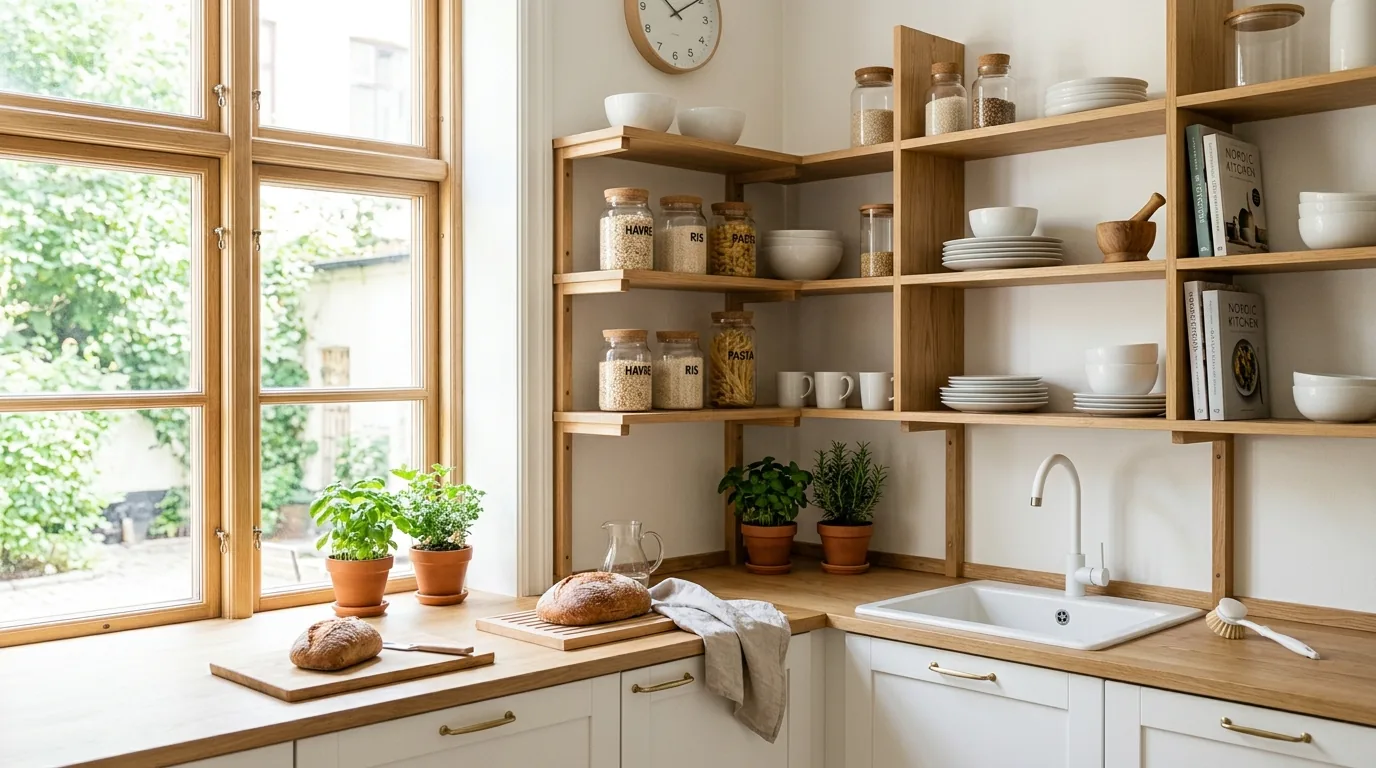Corner cabinet storing small appliances on pullout platform shelves
