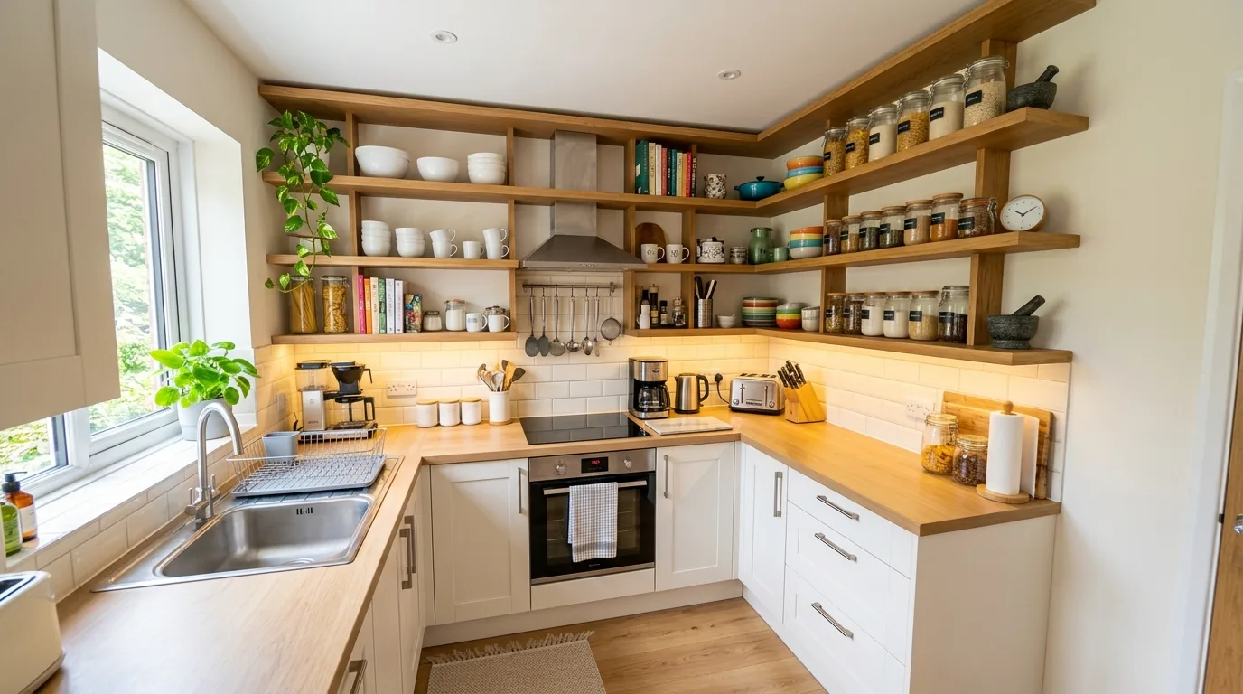 Kitchen corner with half moon pullout baskets for mixing bowls and colanders
