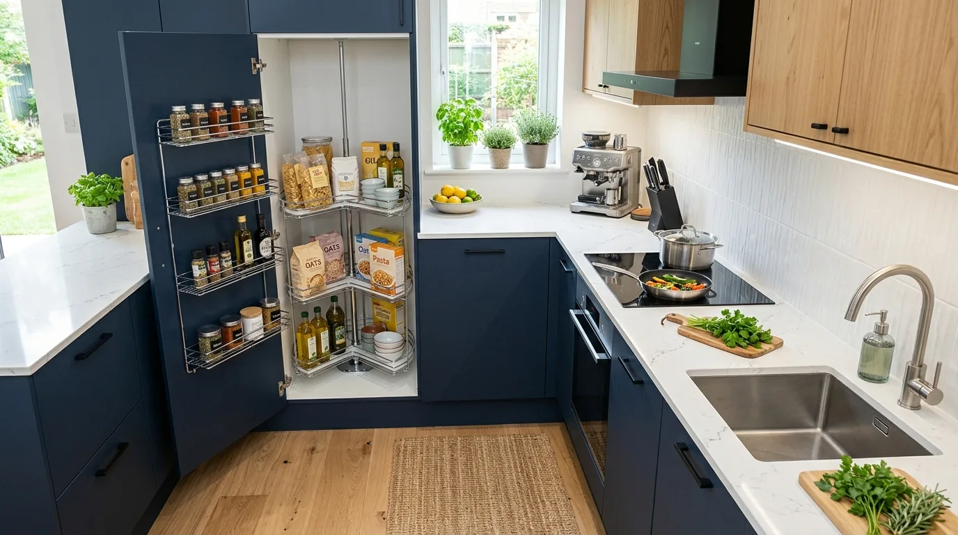 Pantry corner with rotating trays and clear containers