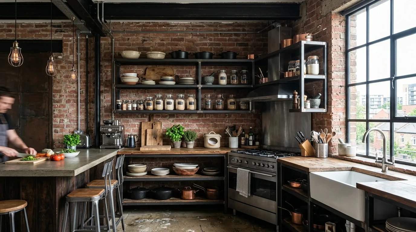 Compact apartment kitchen using open corner shelves and lower cabinet inserts together
