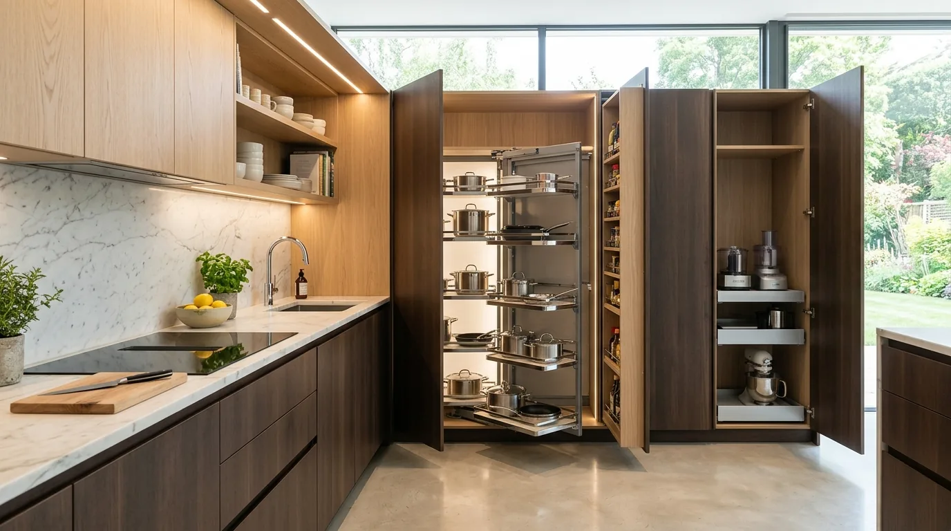 High end kitchen with concealed motorized corner cabinet solution and polished storage engineering