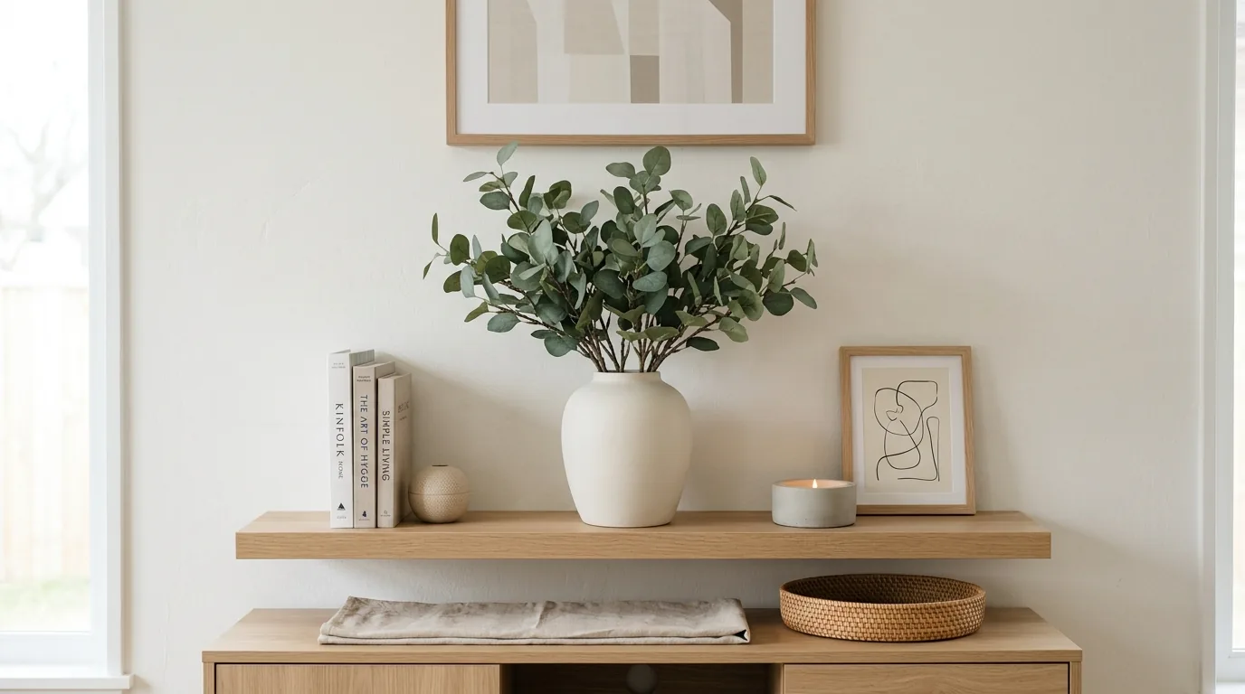 Entry console with mixed faux eucalyptus and olive stems in stone vessel
