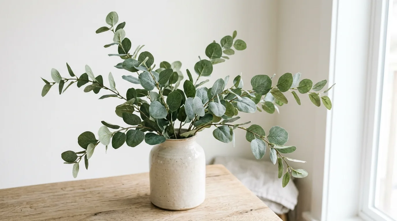 Bathroom shelf with one small faux eucalyptus bundle in amber bottle