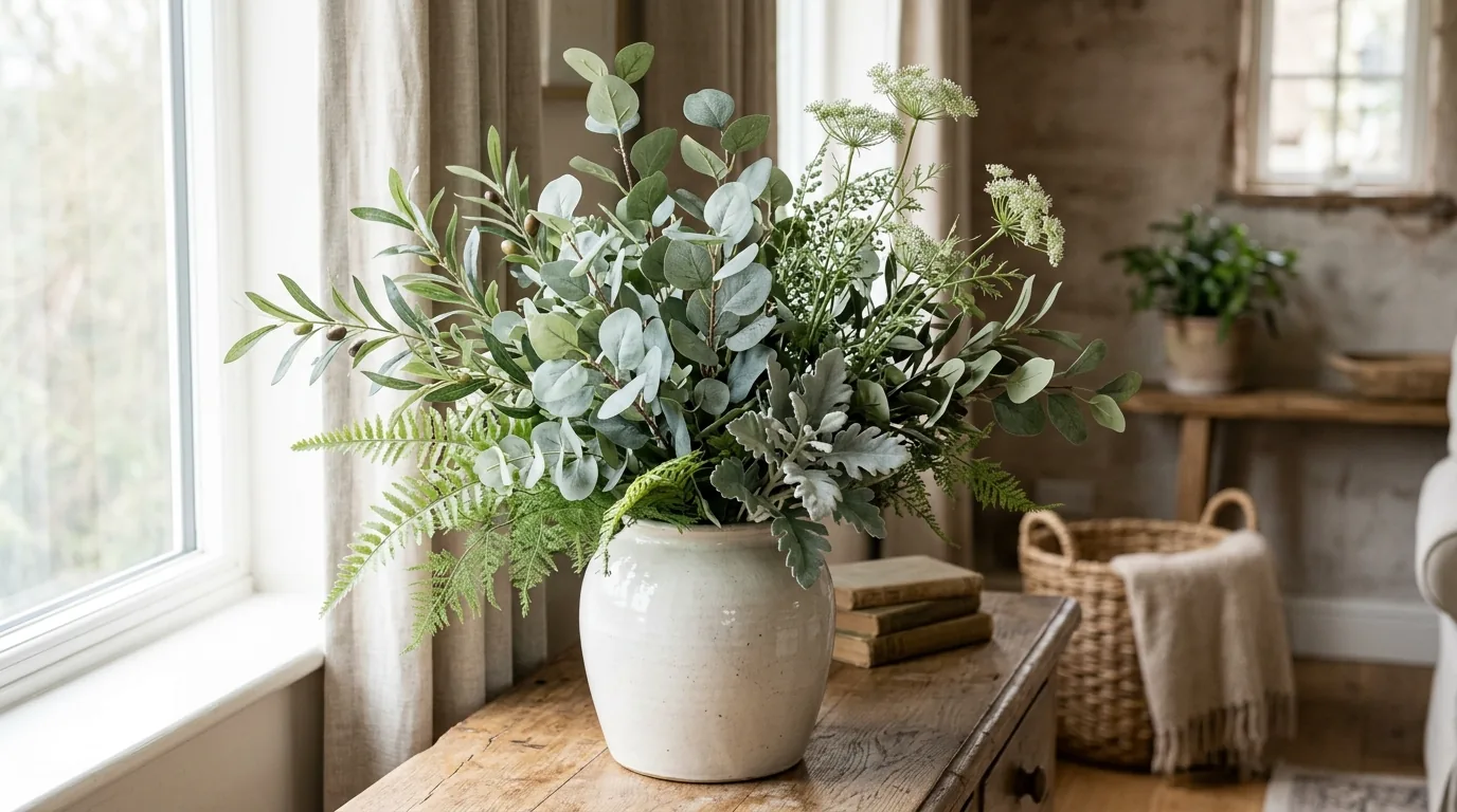 Faux eucalyptus centerpiece with stems bent at varied heights and spacing