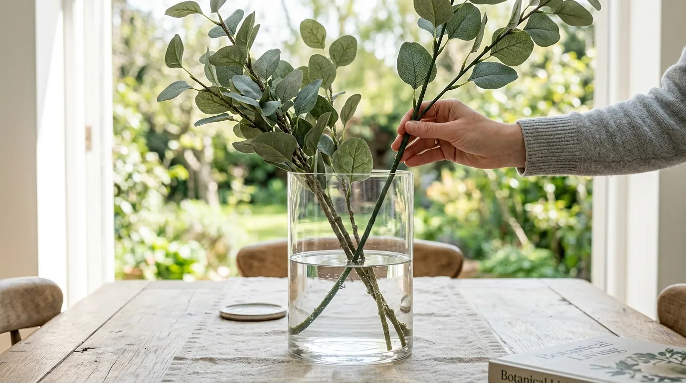 Scandinavian shelf with sparse faux greenery in pale vase