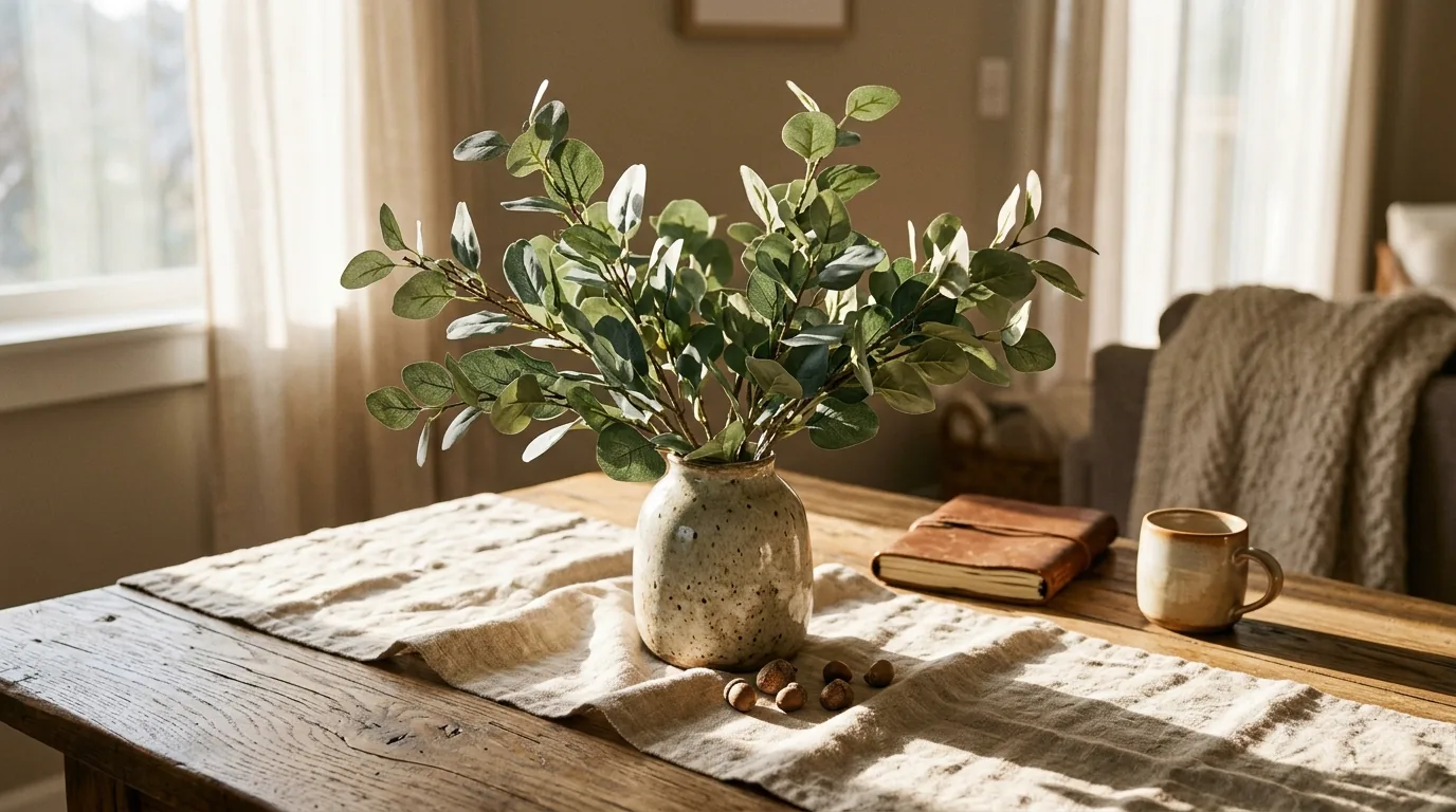Bedroom nightstand with mini faux eucalyptus branch and warm lamp light