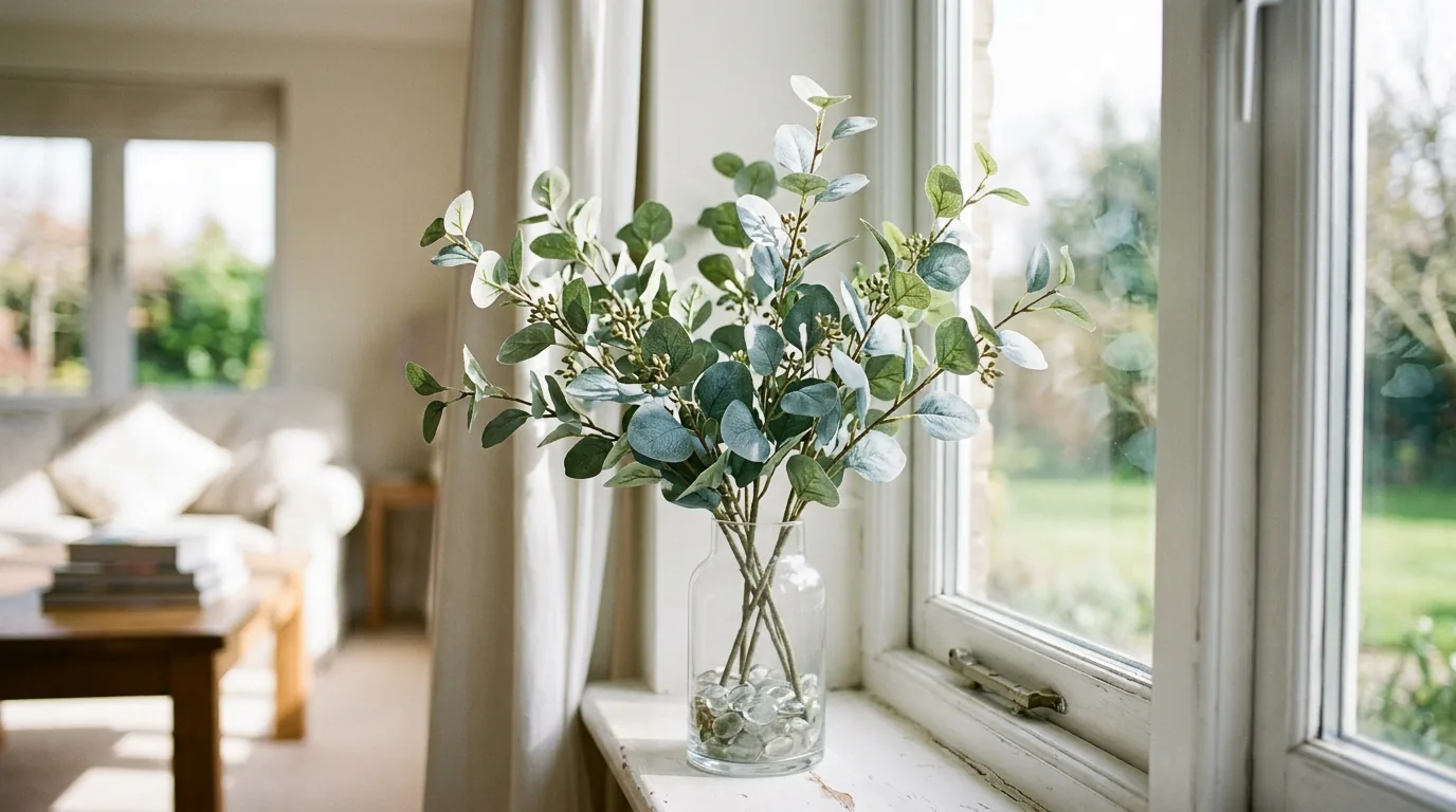 Console styling with faux eucalyptus paired with real looking branches and matte pottery