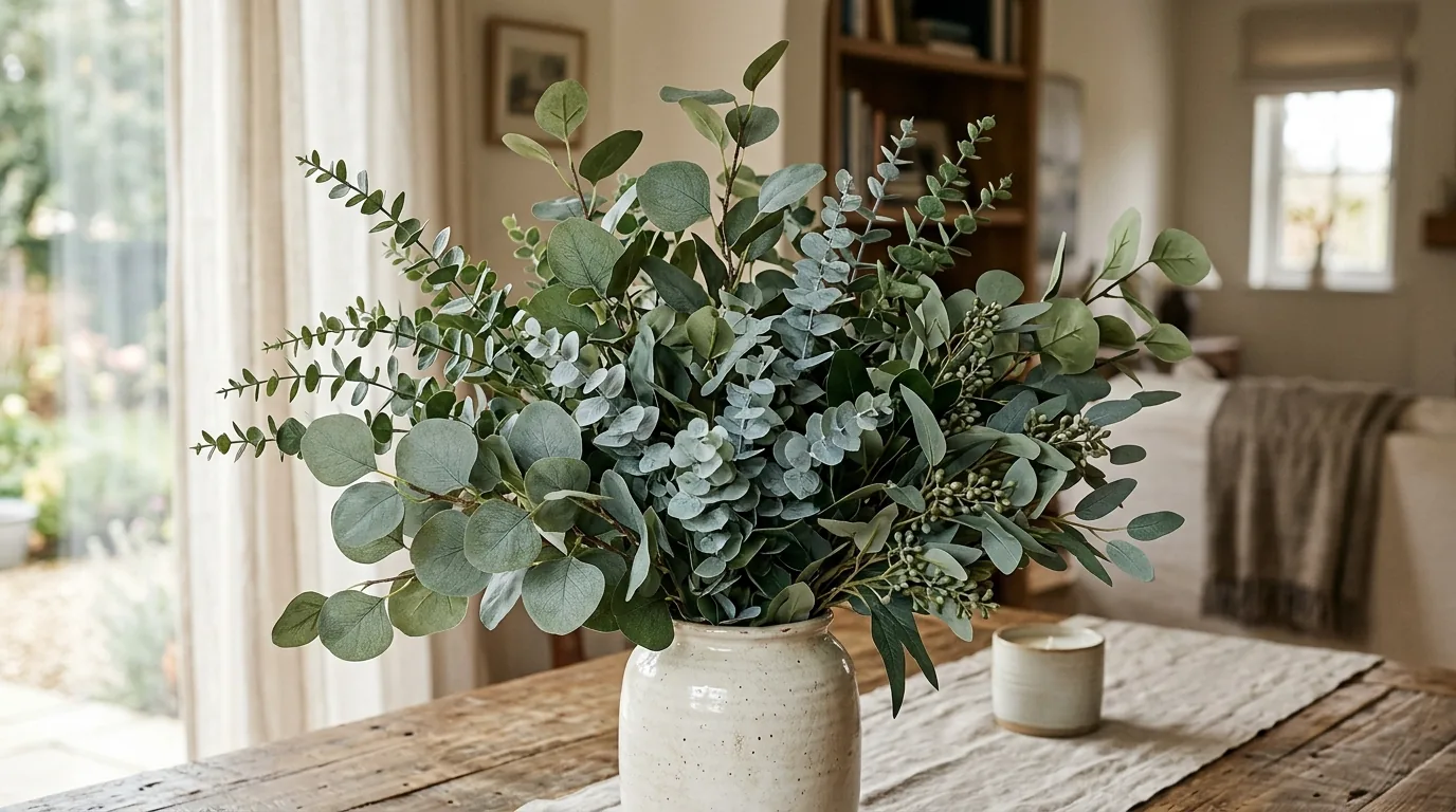 Coffee table arrangement using fewer stems in a narrow neck vase for cleaner believable shape