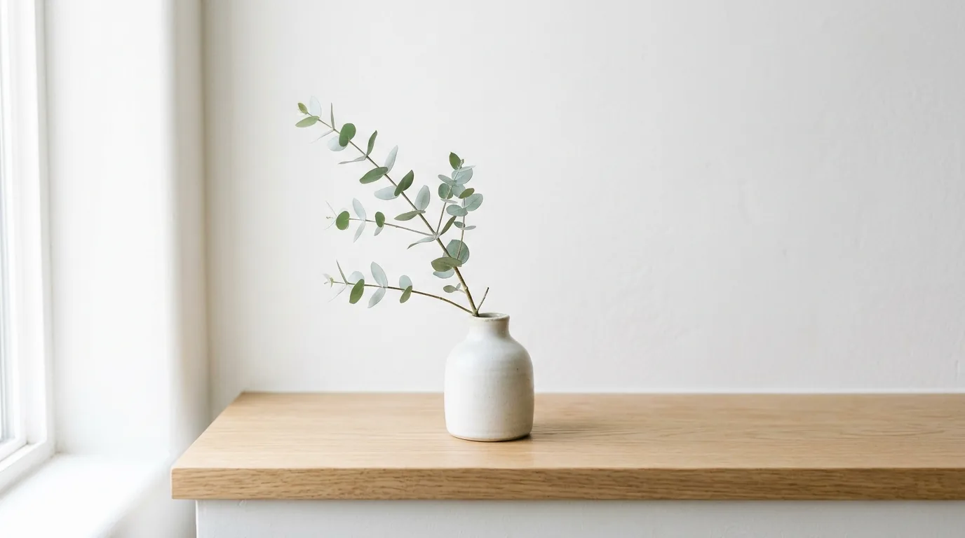 Luxury neutral room with oversized faux eucalyptus branches in large stone floor vase