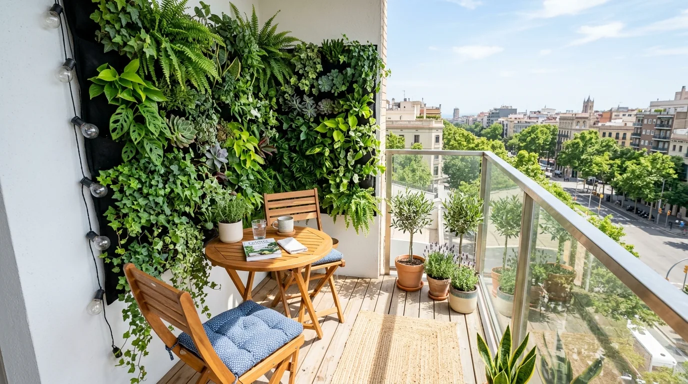 Balcony floor seating setup with poufs