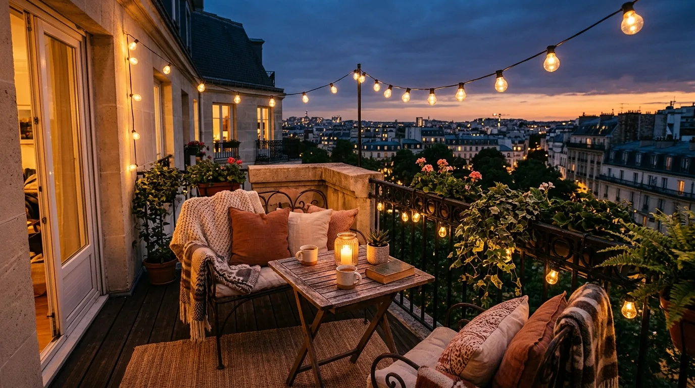 Covered balcony with layered planters and knit throw on bench seat