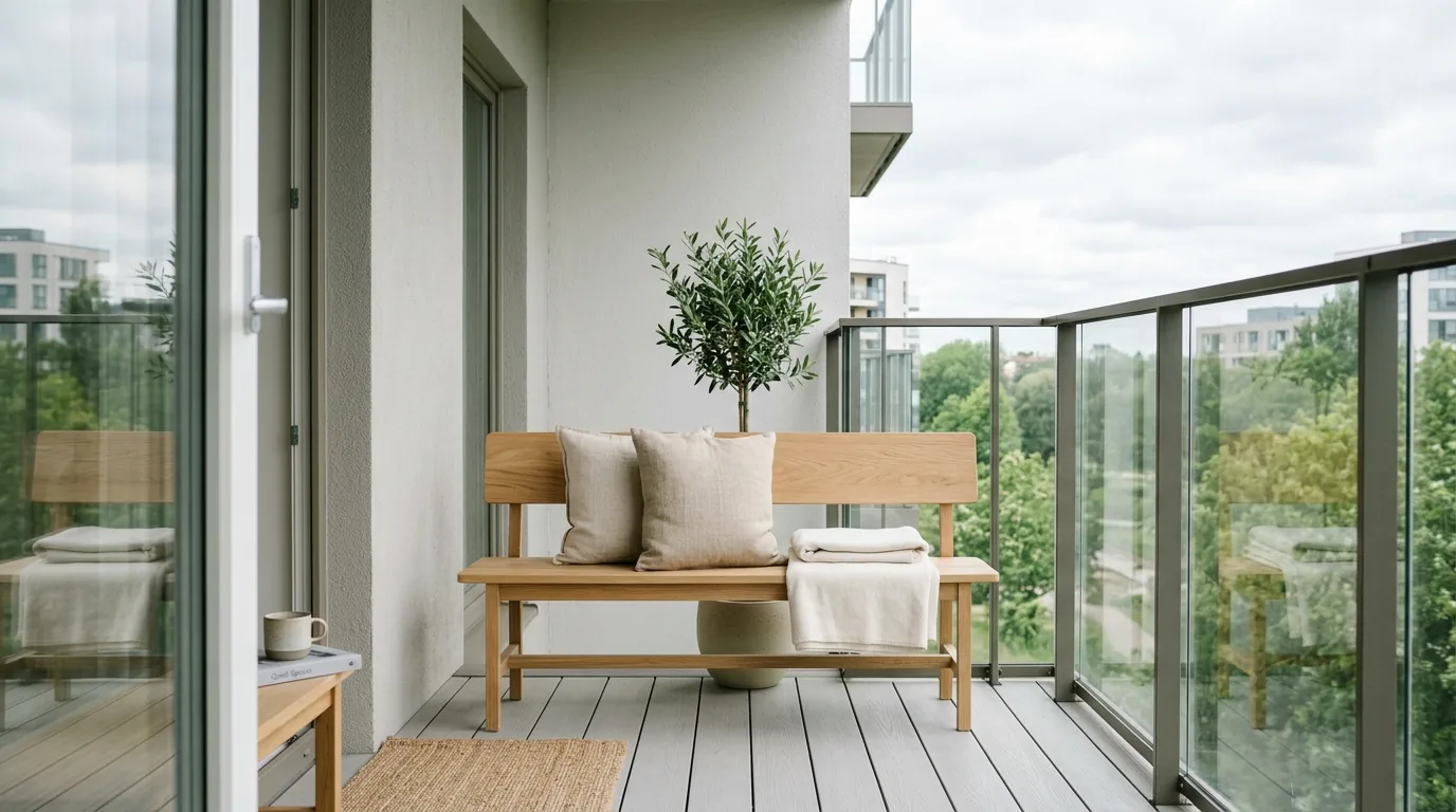 Scandinavian balcony with pale wood furniture