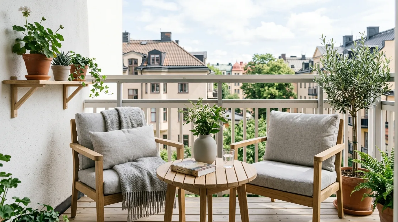 Coastal balcony with blue striped pillows