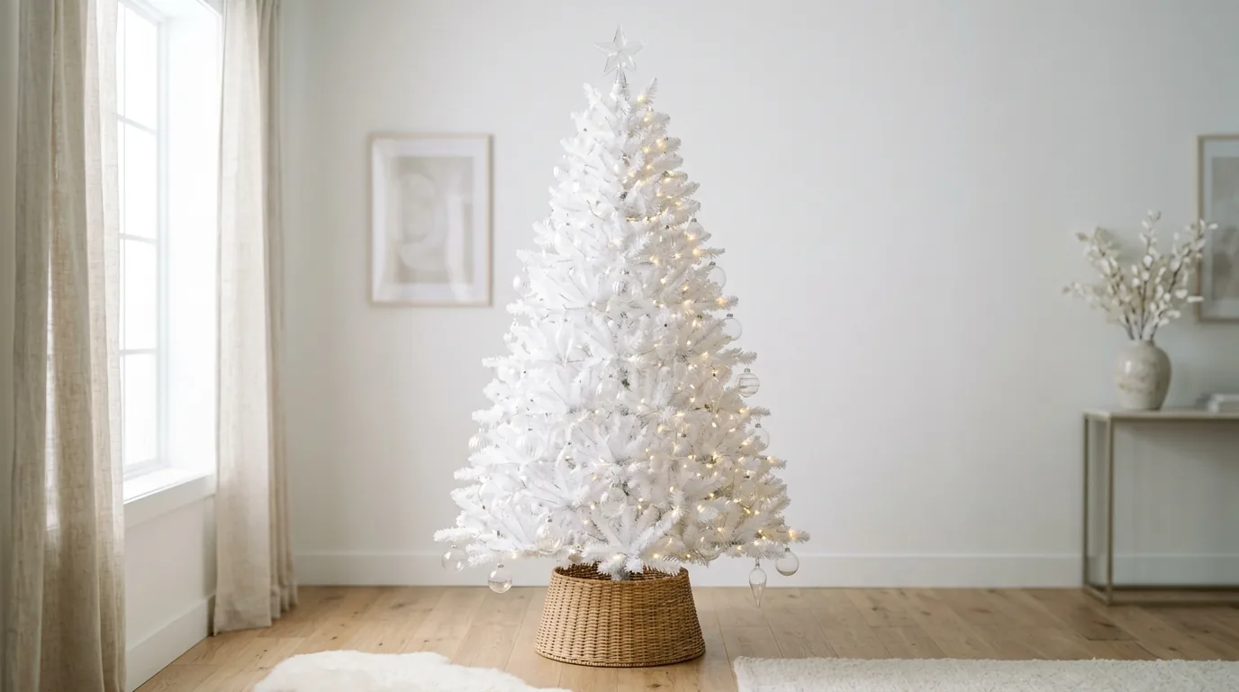 Flocked white tree with champagne baubles and soft neutral gifts below