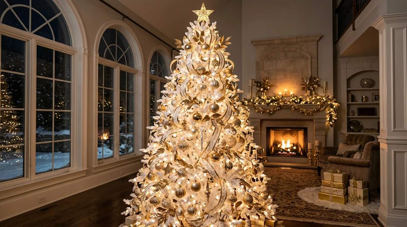 White tree styled with icy blue ornaments and glass snowflakes