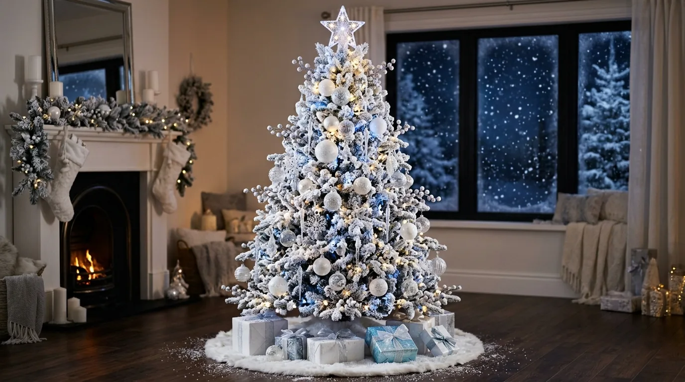 Minimal white Christmas tree with matte white balls and paper stars