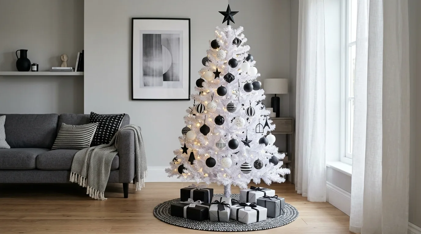 Family room white tree with mixed metallic ornaments and cozy knit tree skirt