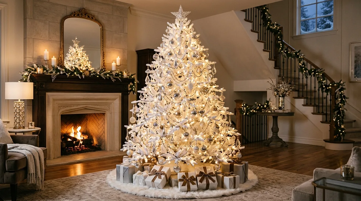 White Christmas tree in modern room with black and white ornaments for graphic contrast