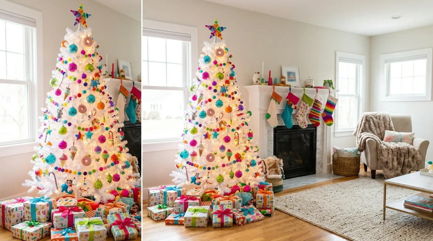 Small white tree with tiny fairy lights and delicate snowflake ornaments