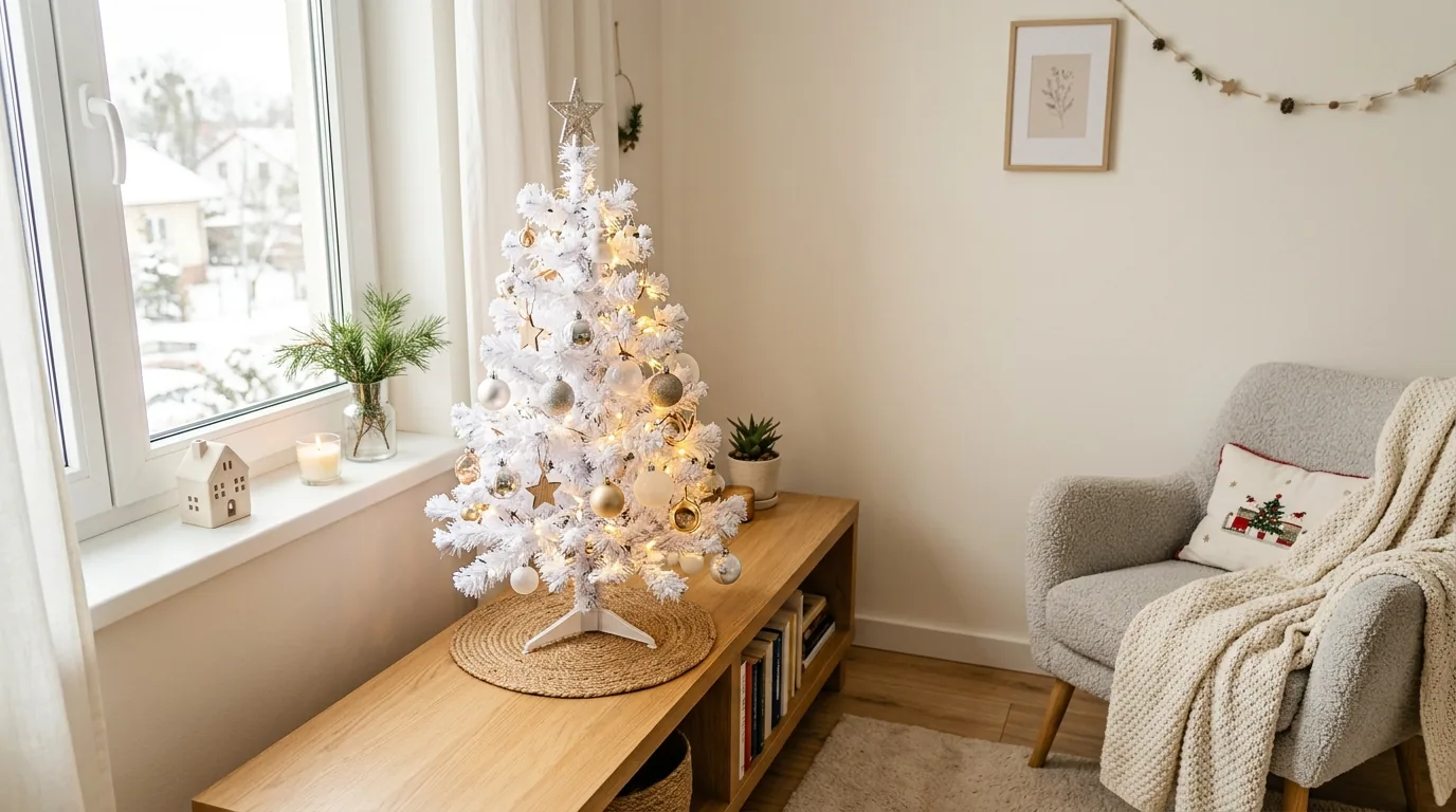 Rustic elegant white tree with wood ornaments and linen ribbon