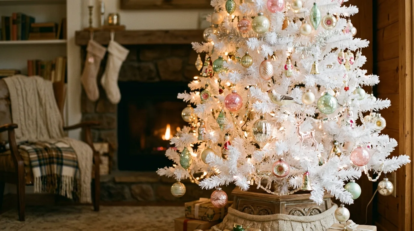 High end white Christmas tree with layered ribbon