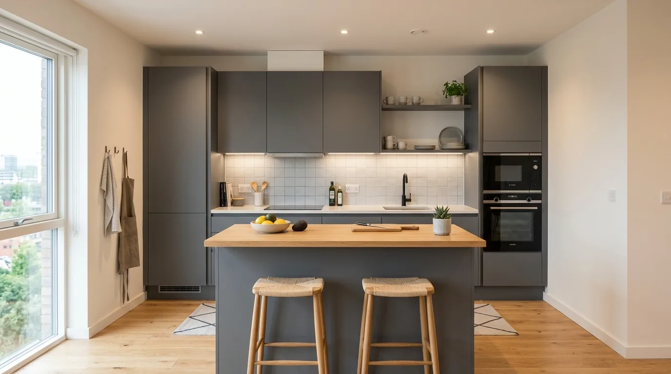 Compact kitchen with navy island and brass stools