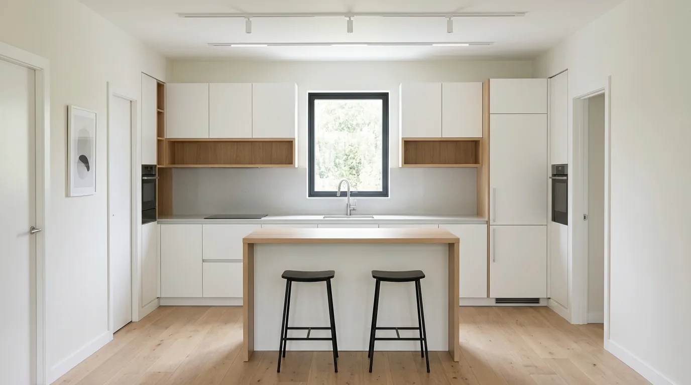 Apartment kitchen with narrow waterfall island and two stools