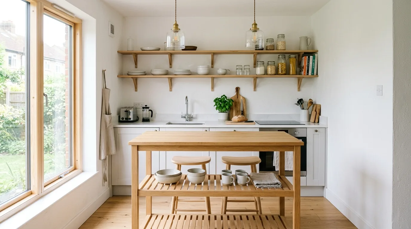 Scandinavian small kitchen with pale wood island
