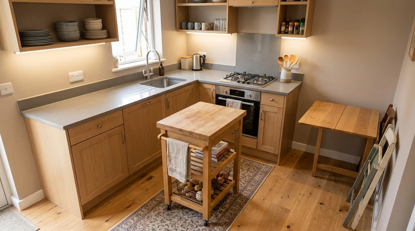 Galley kitchen with centered prep island and hidden drawer storage