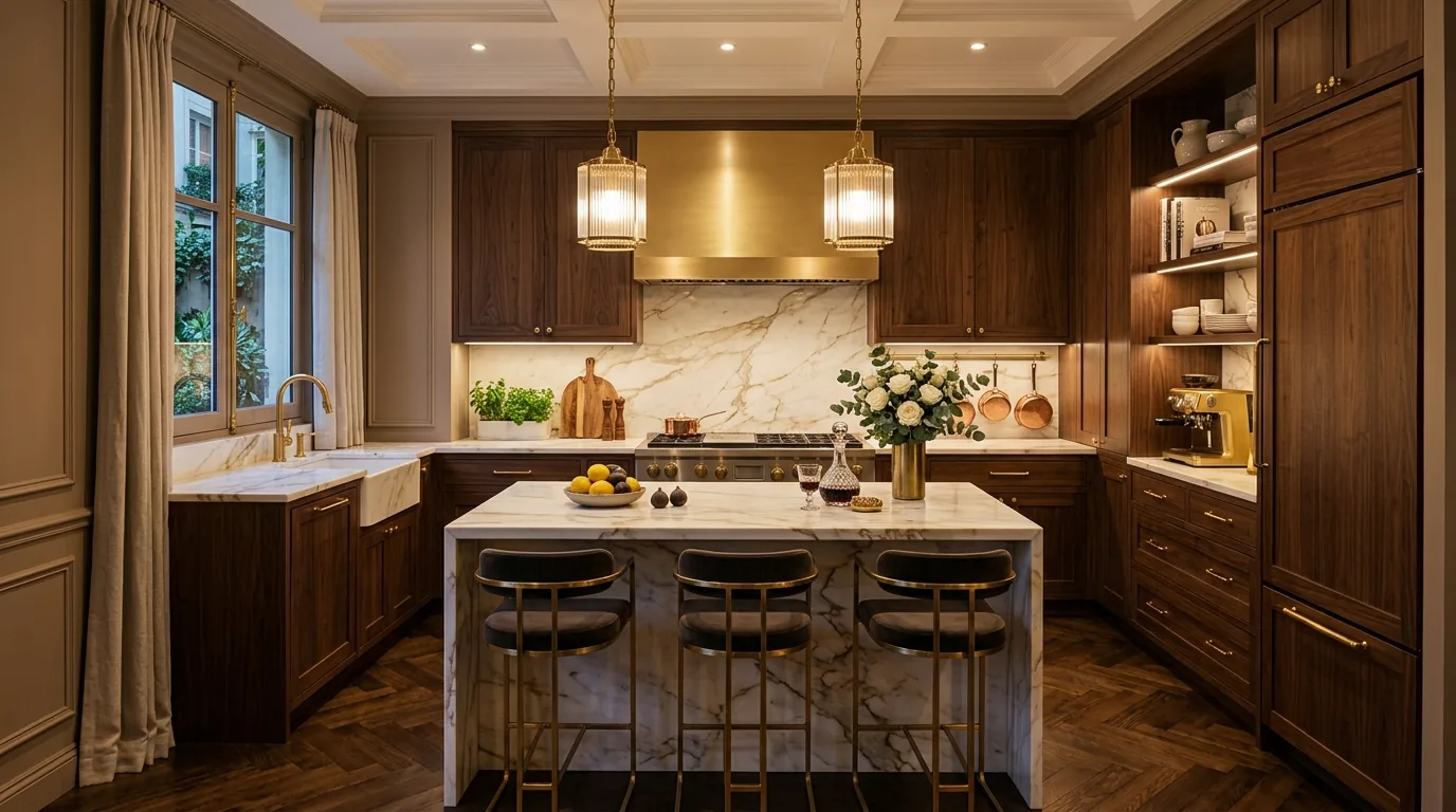 Small kitchen island with fluted panel detail and quartz top