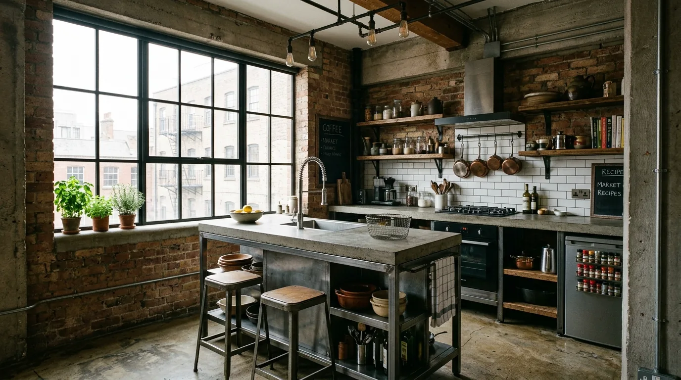 Industrial small kitchen with black metal island frame and wood shelf below